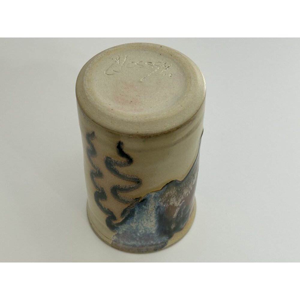 Studio Pottery Mug Tall 5 1/2 inches Drip Glaze Beige Brown Blue Signed Glosssy - Picture 7 of 16